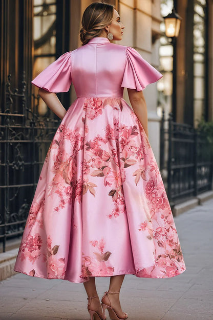 Pink Floral Short Sleeve Bow Tie Pocket Satin Midi Dress