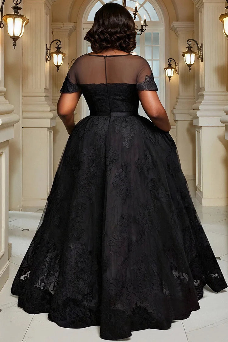 Mother Of The Bride Black Round Neck Short Sleeve High Low Hem Elegant See Through Lace Midi Dress