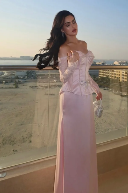 Sweetheart Strapless Long Sleeves Long Prom Dress With Bow And Beadings