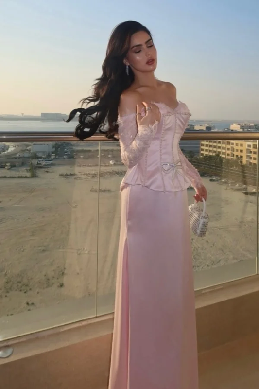 Sweetheart Strapless Long Sleeves Long Prom Dress With Bow And Beadings