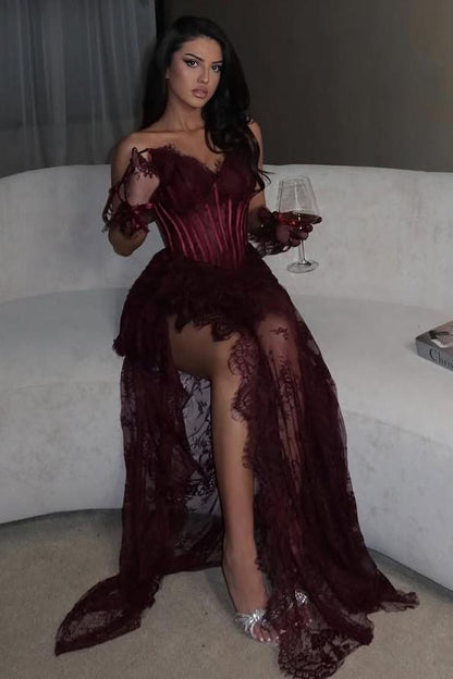 Strapless Sleeveless Long Mermaid Prom Dress With Split Lace