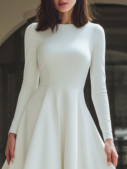 White Long-Sleeve A-Line Flared Midi Dress