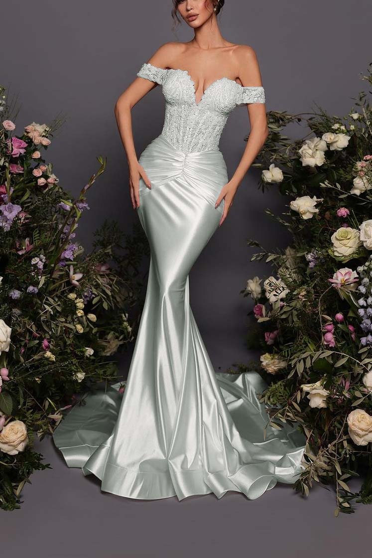 Off The Shoulder Sleeveless Long Mermaid Prom Dress With Pleated