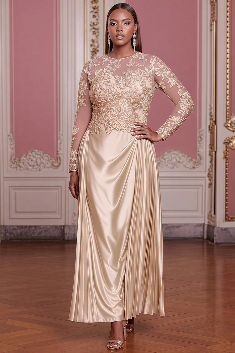 Formal Champagne Round Neck Long Sleeve See Through Midi Dress