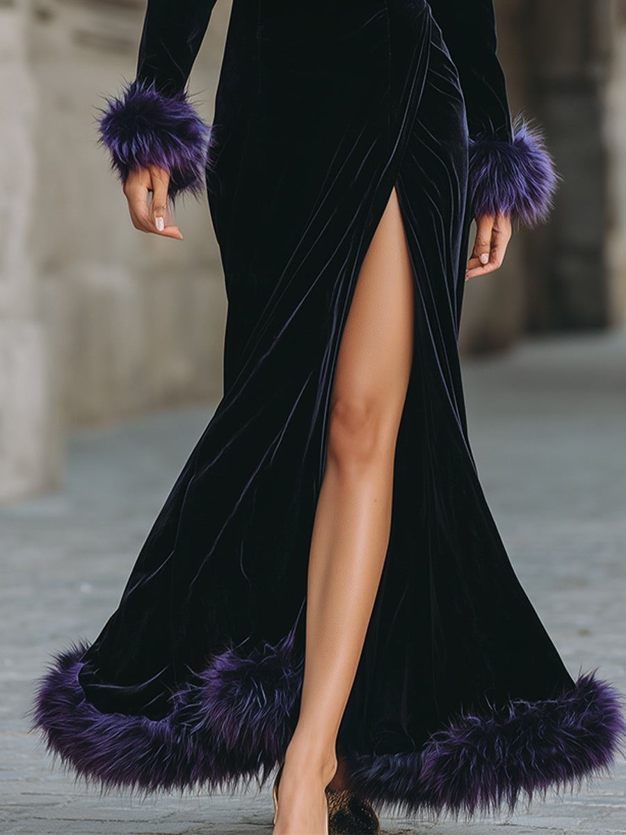 Elegant Black Velvet Faux Fur-Trim Evening Gown