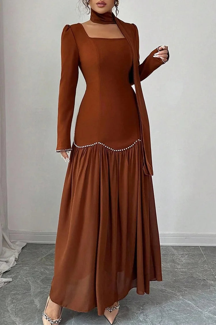 Pearl Beads Embroidery Square Neck Pleated Long Sleeve Maxi Dress