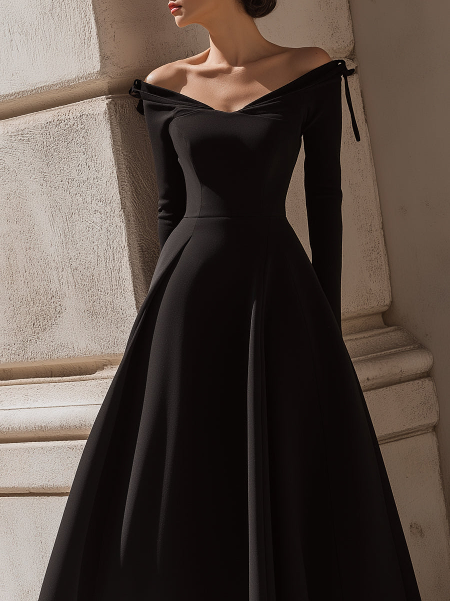 Off-Shoulder Bow Detail Black Midi Dress