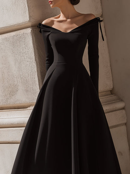 Off-Shoulder Bow Detail Black Midi Dress