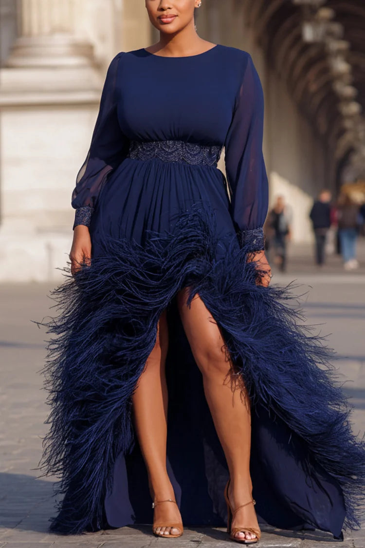 Formal Navy Blue Round Neck Long Sleeve Feather Split Chiffon Maxi Dress