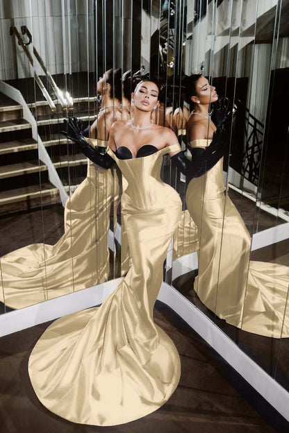 Strapless Sleeveless Long Mermaid Prom Dress With Pleated Gloves