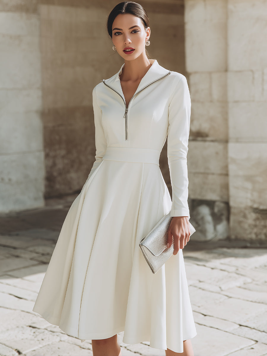 Zip-Front Long Sleeve Fit-and-Flare Midi Dress