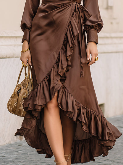Ruffled Satin Brown Dress With Belt
