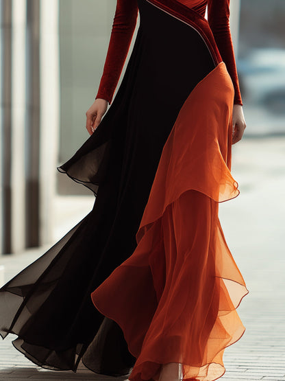 Velvet And Chiffon Panel Long Sleeve Evening Gown