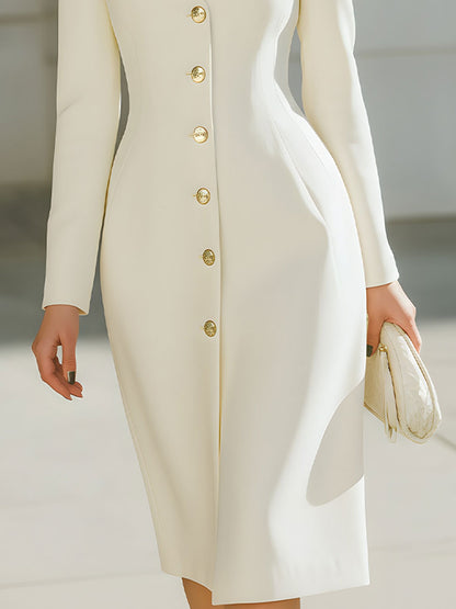 Ivory Tailored High-Neck Midi Coat Dress With Gold-Tone Buttons