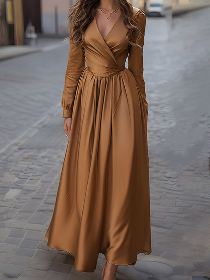 Caramel Satin Wrap Maxi Dress
