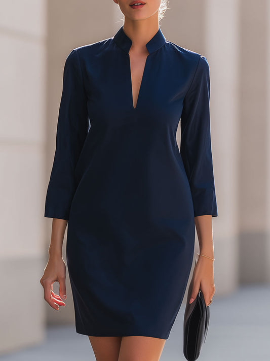 Navy Blue Mandarin Collar Sheath Dress: Effortless Sophistication For The Modern Professional