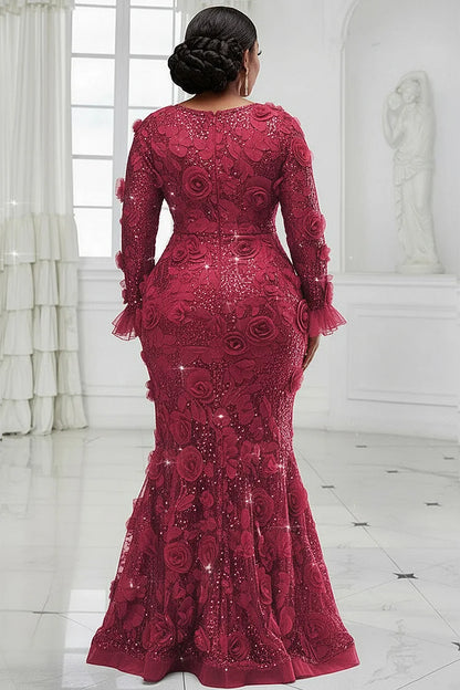 Formal Pink V Neck Long Sleeve 3D Elegant Mermaid Sequin Maxi Dress