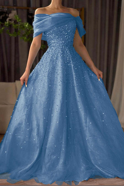 Off the Shoulder Sleeveless Long Prom Dress With Beading Tulle
