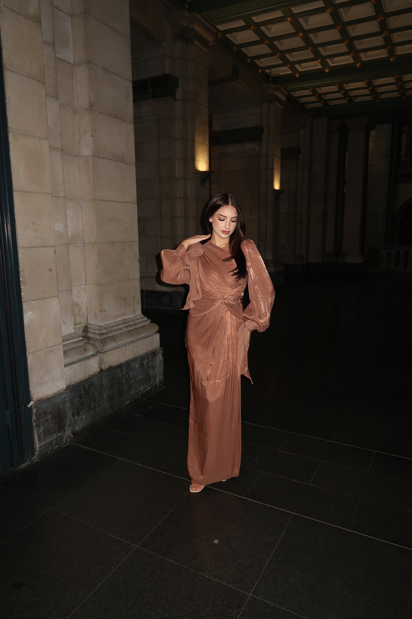 Brown Long Sleeves Ruched Sheath Ankle Length Evening Formal Dress