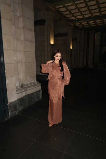 Brown Long Sleeves Ruched Sheath Ankle Length Evening Formal Dress