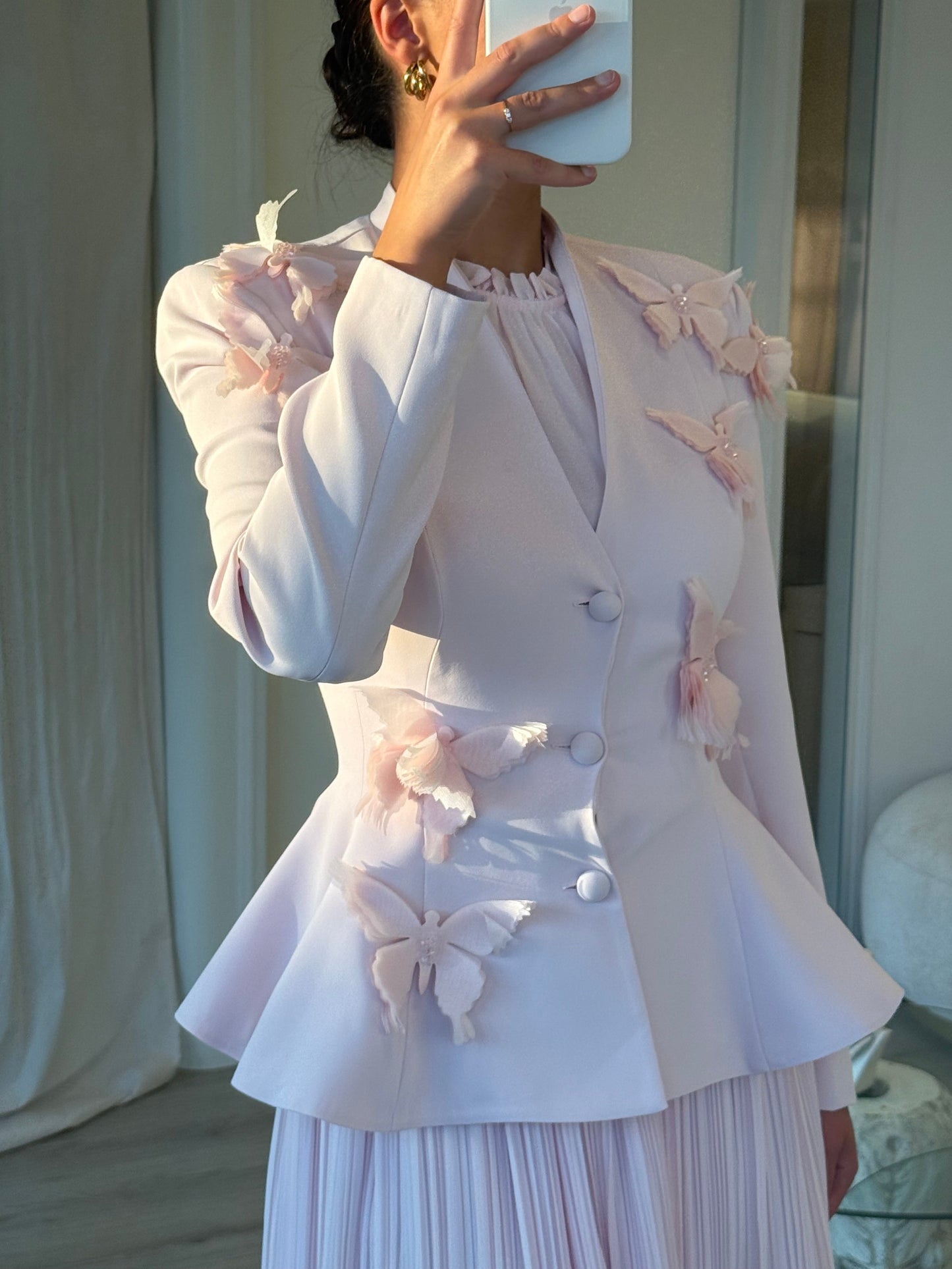 Pink Two-Piece Butterfly Long Sleeves Drapey Long Evening Formal Dress