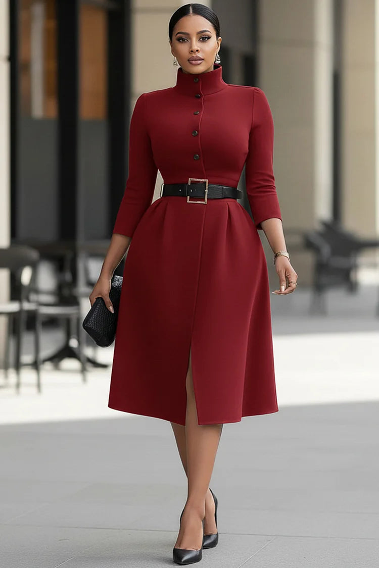 Casual Black Mock Neck 3/4 Sleeve Button Elegant Pocket Midi Dress