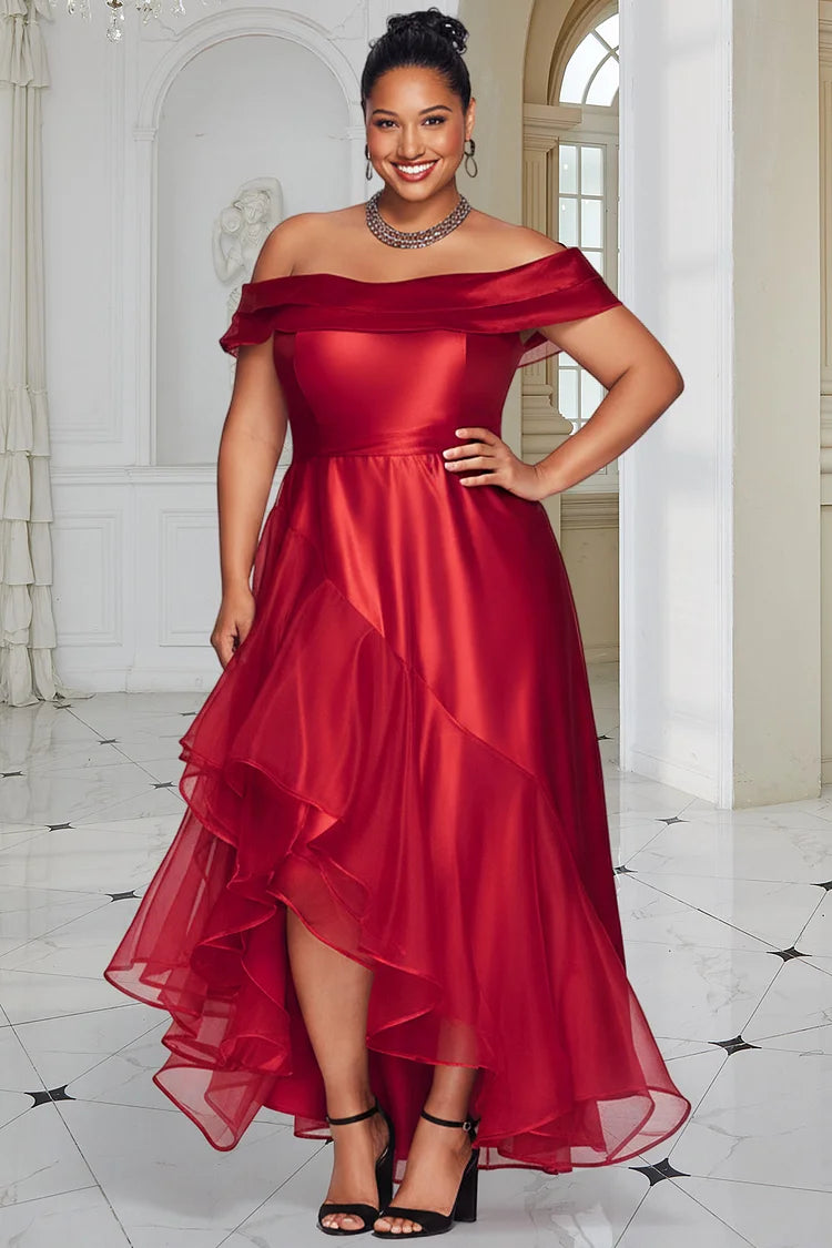 Christmas Red Off The Shoulder Ruffle Elegant Asymmetric Satin Maxi Dress