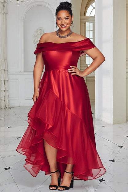 Christmas Red Off The Shoulder Ruffle Elegant Asymmetric Satin Maxi Dress
