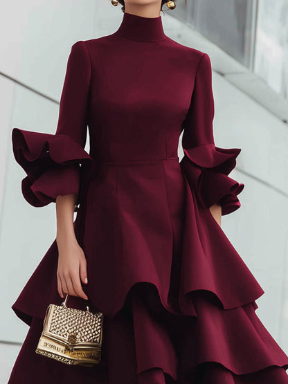 Wine Red Tiered Ruffle High Neck Midi Dress