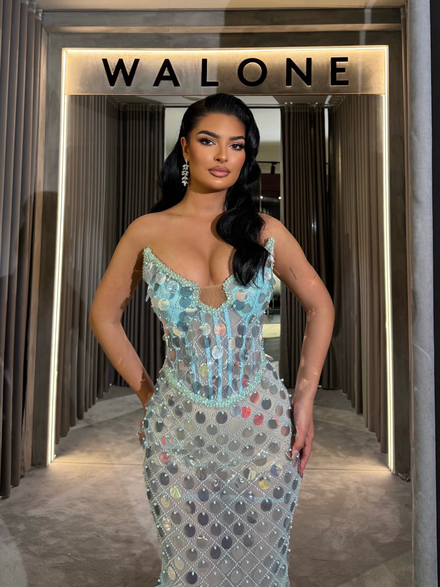 Long dress with crystal mesh overlay and structured corset bodice