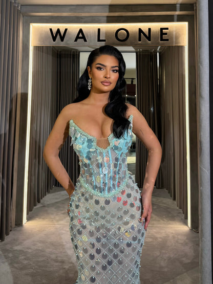 Long dress with crystal mesh overlay and structured corset bodice