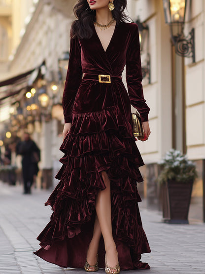 Velvet Wrap Dress With Ruffle Detail In Burgundy