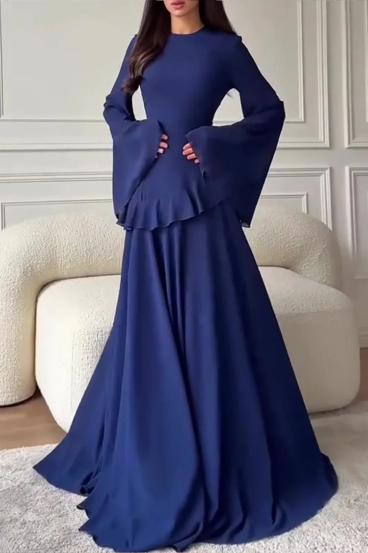 Round Neck Flare Sleeve Ruffled Solid Color Maxi Dresses
