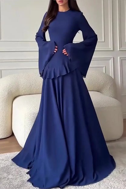 Round Neck Flare Sleeve Ruffled Solid Color Maxi Dresses