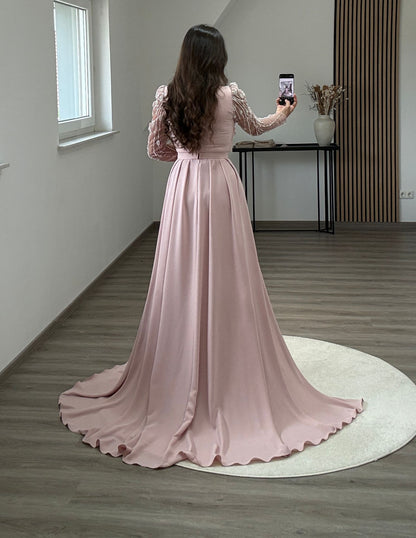 Long Sleeves One Shoulder Ruched Evening Dress