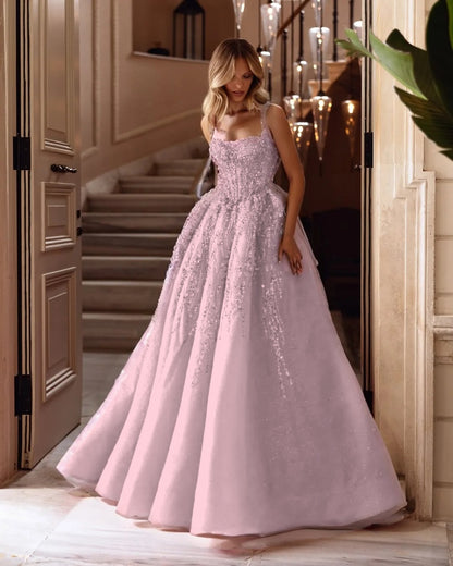 Spaghetti Strap Sleeveless Long A Line Prom Dress With Beading