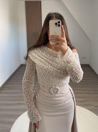 Long Sleeves Slit Ruched Evening Dress