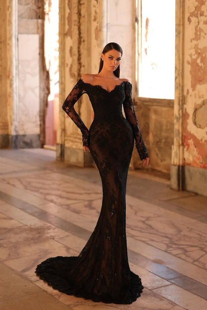 V-Neck Long-Sleeves Fully Sequined Applique Tulle Mermaid Evening Dress with Sweep Train