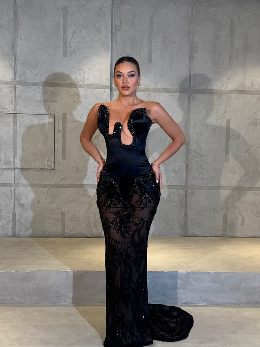 Strapless Sleeveless Beaded Black Gown