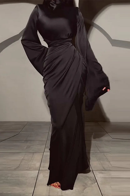 Mock Neck Long Sleeve Solid Color Tie Up Slim Fit Maxi Dresses