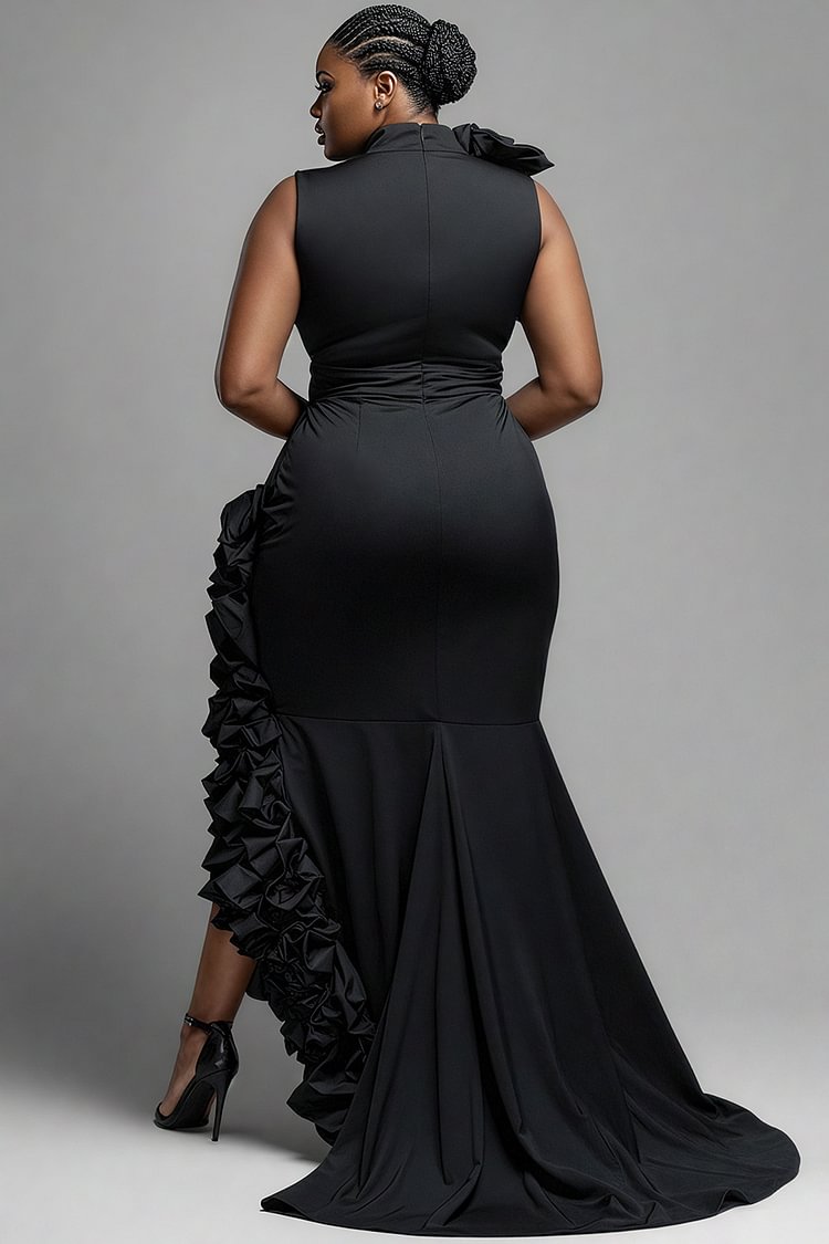 Formal Black V Neck Split Elegant Ruffle Maxi Dresses