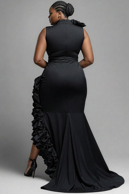 Formal Black V Neck Split Elegant Ruffle Maxi Dresses