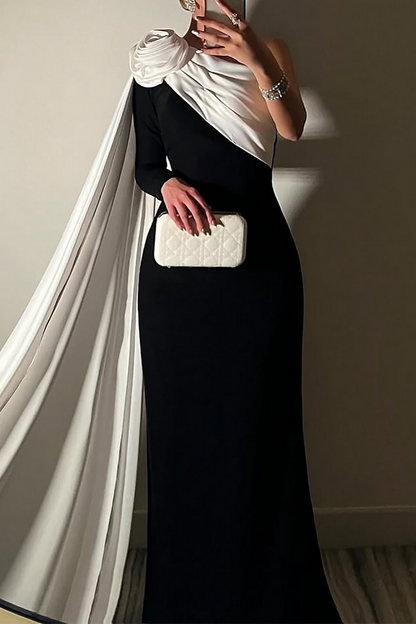 3D Flower Decor Skew Neck Colorblock Gowns Maxi Cape Dress