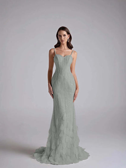 Spaghetti Straps Sleeveless Long Mermaid Prom Dress With Petals And Sequins