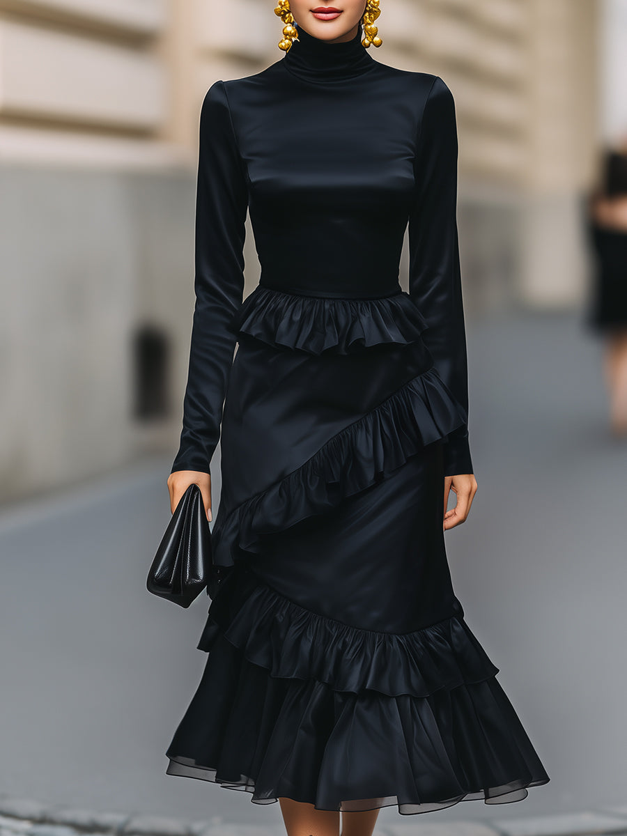 Luxe Turtleneck Asymmetric Ruffle Midi Dress