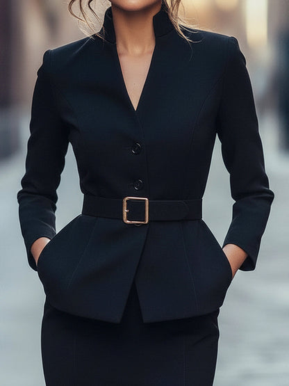 Black Belted Structured Jacket & Skirt Set