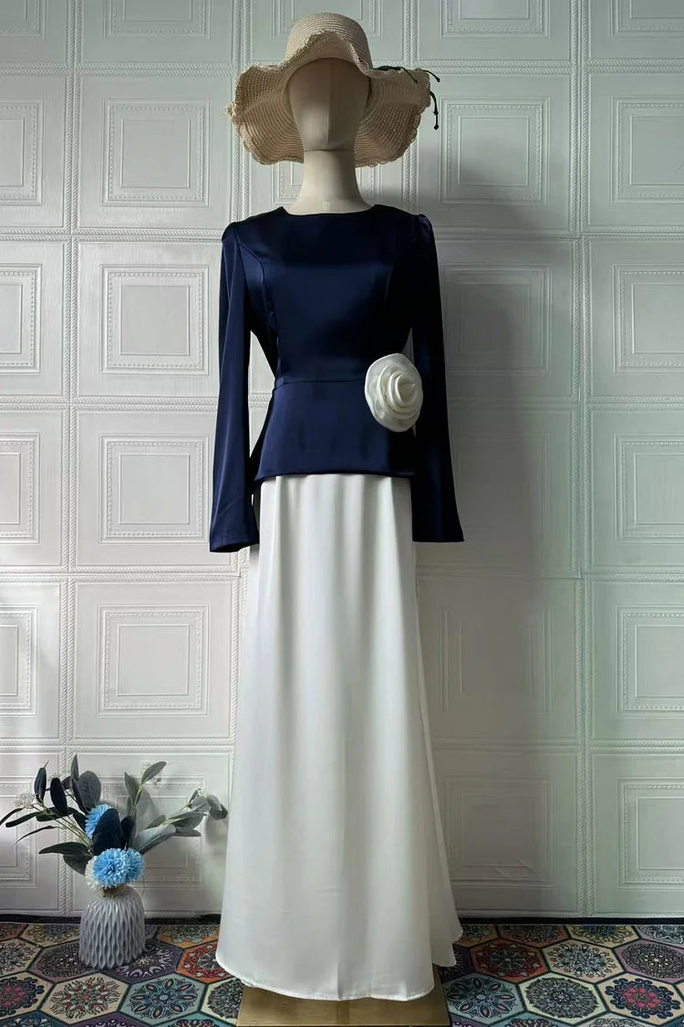 Colorblock Floral Rosette Asymmetric Hem Top Maxi Dress