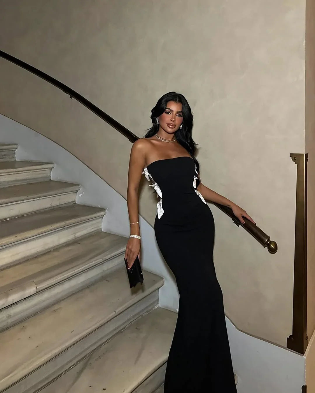 Black Slim Fit White Bow Strapless Prom Dress