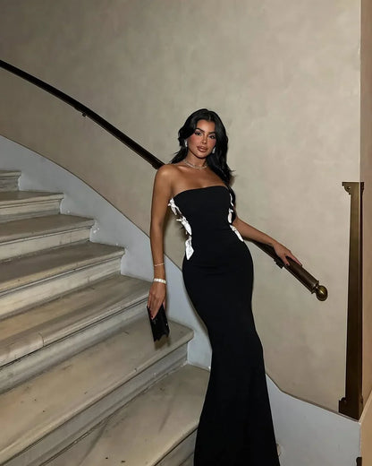 Black Slim Fit White Bow Strapless Prom Dress