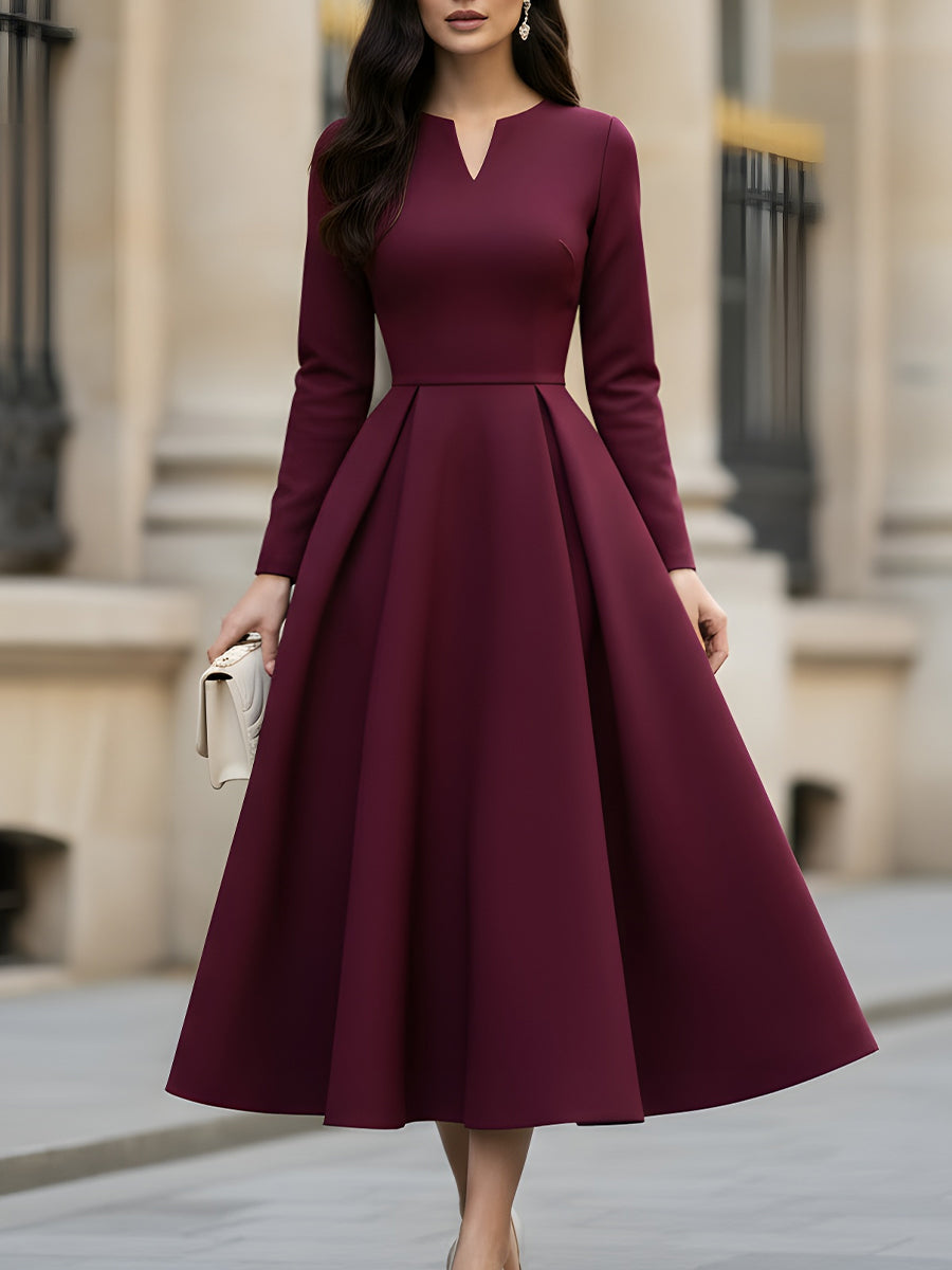 Burgundy V-Neck Pleated Midi Dress